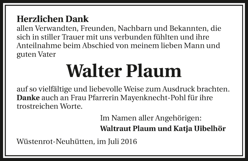  Traueranzeige für Walter Plaum vom 02.07.2016 aus 