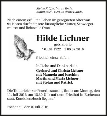 Traueranzeige von Hilde Lichner 