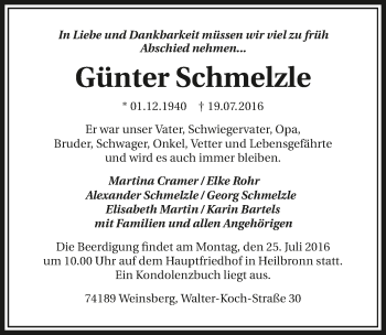 Traueranzeige von Günter Schmelzle 