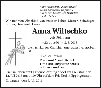 Traueranzeige von Anna Wilschko 