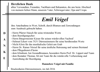 Traueranzeige von Emil Veigel 