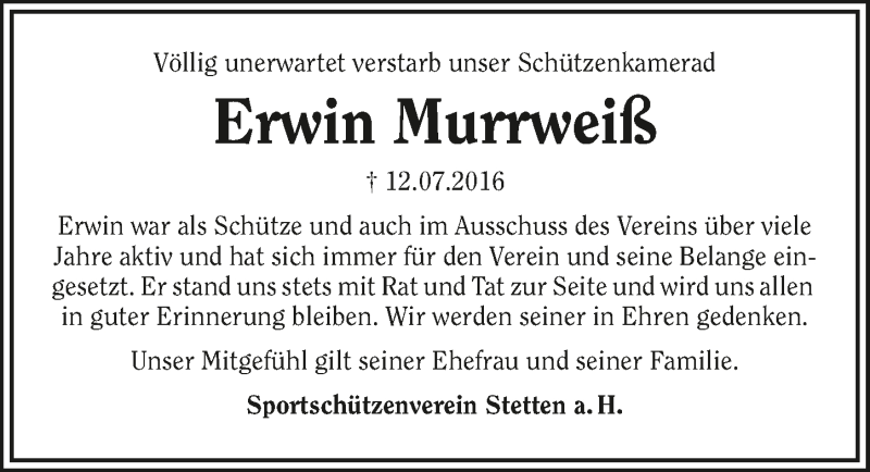  Traueranzeige für Erwin Murrweiß vom 19.07.2016 aus 