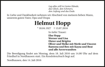 Traueranzeige von Helmut Hopp 