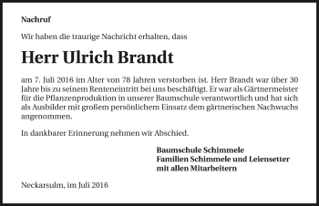 Traueranzeige von Ulrich Brandt 