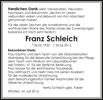 Traueranzeige von Franz Schleich 