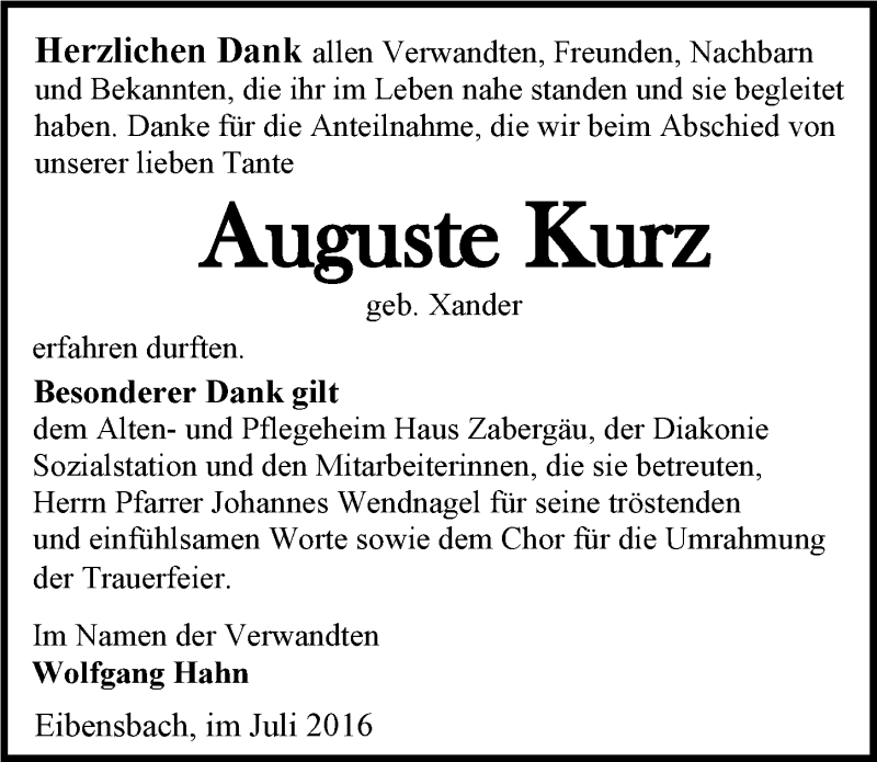  Traueranzeige für Auguste Kurz vom 19.07.2016 aus 