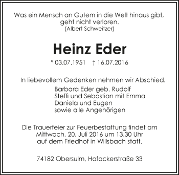 Traueranzeige von Heinz Eder 