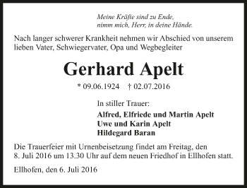 Traueranzeige von Gerhard Apelt 