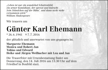 Traueranzeige von Günter Karl Ehemann 