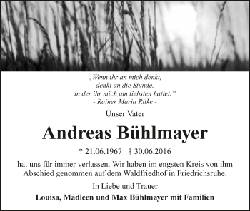 Traueranzeige von Andreas Bühlmayer 