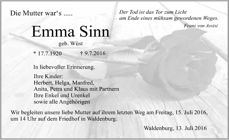  Traueranzeige für Emma Sinn vom 13.07.2016 aus 