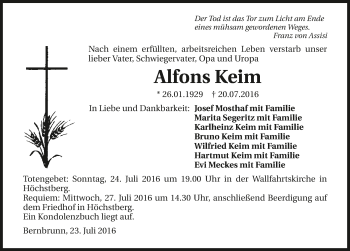 Traueranzeige von Alfons Keim 