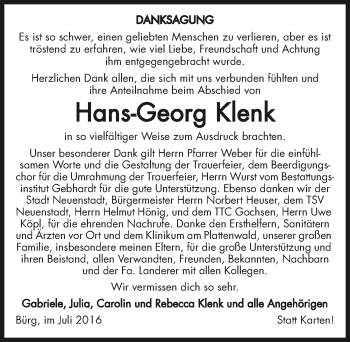 Traueranzeige von Hans-Georg Klenk
