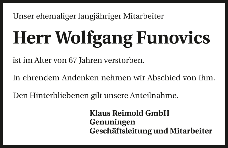  Traueranzeige für Wolfgang Funovics vom 30.07.2016 aus 