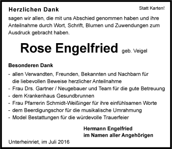 Traueranzeige von Rose Engelfried 
