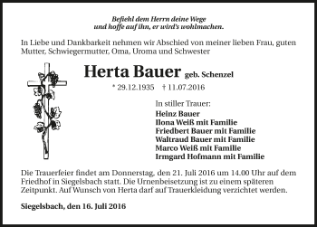 Traueranzeige von Herta Bauer 