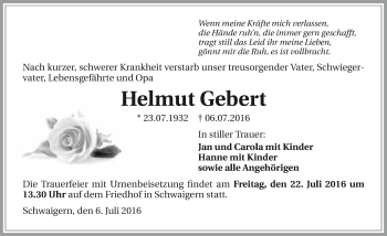 Traueranzeige von Helmut Gebert 