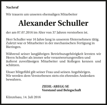 Traueranzeige von Alexander Schuller 