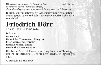 Traueranzeige von Friedrich Dörr 