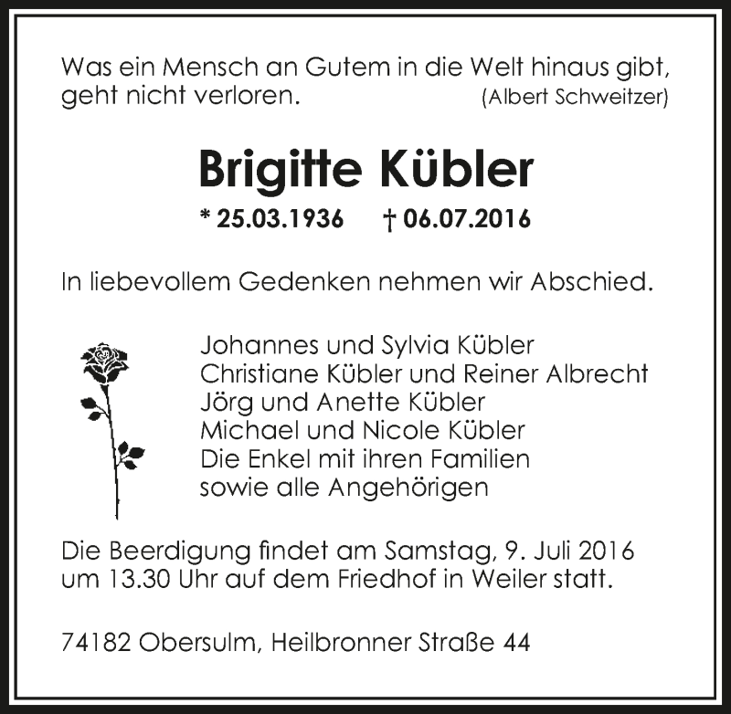  Traueranzeige für Brigitte Kübler vom 07.07.2016 aus 
