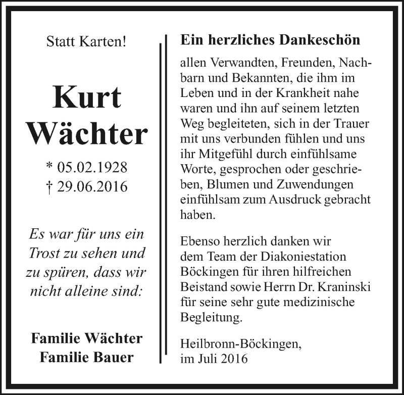  Traueranzeige für Kurt Wächter vom 16.07.2016 aus 