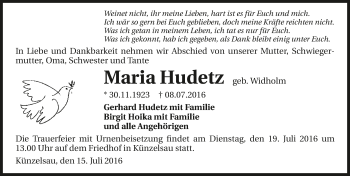 Traueranzeige von Maria Hudetz 