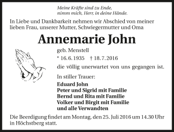 Traueranzeige von Annemarie John 