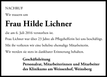 Traueranzeige von Hilde Lichner 