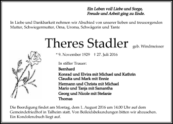 Traueranzeige von Theres Stadler 