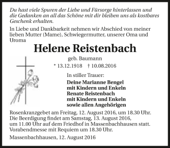 Traueranzeige von Helene Reistenbach 
