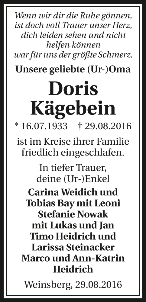  Traueranzeige für Doris Kägebein vom 31.08.2016 aus 