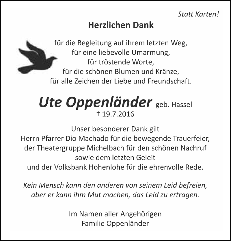  Traueranzeige für Ute Oppenländer vom 04.08.2016 aus 
