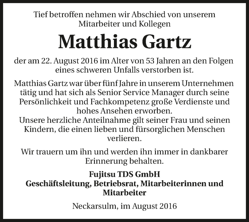  Traueranzeige für Matthias Gartz vom 25.08.2016 aus 