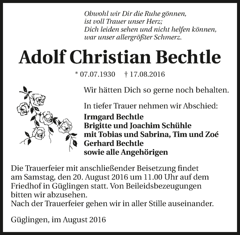  Traueranzeige für Adolf Christian Bechtle vom 19.08.2016 aus 