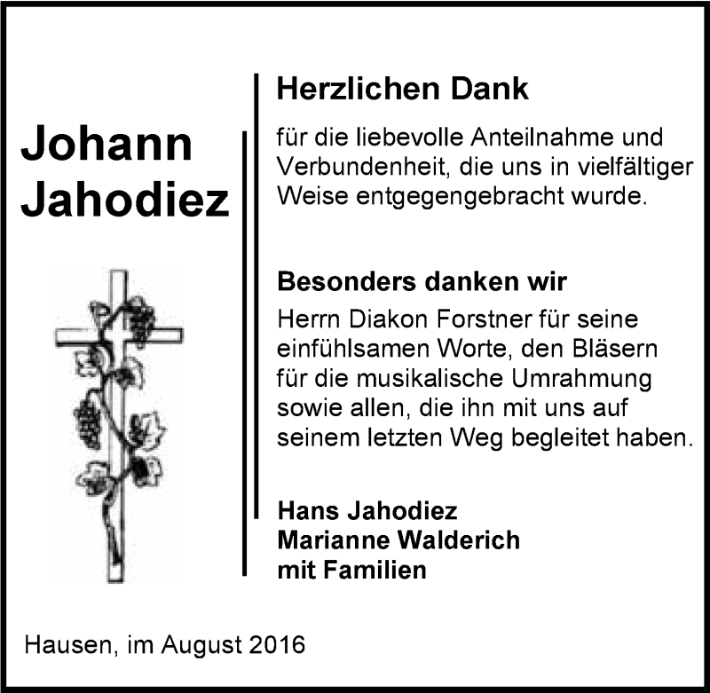  Traueranzeige für Johann Jahodiez vom 13.08.2016 aus 