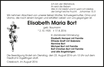 Traueranzeige von Elisabeth Maria Bort 