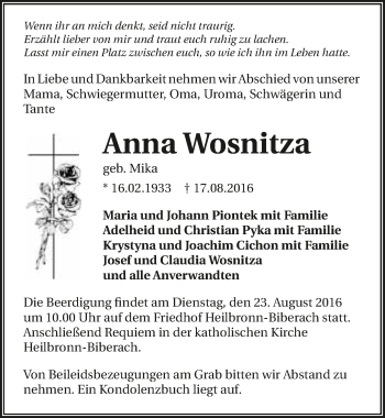 Traueranzeige von Anna Wosnitza 