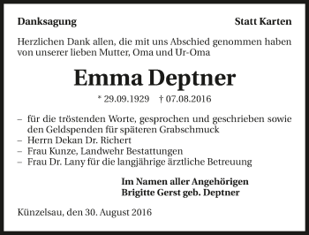 Traueranzeige von Emma Deptner 