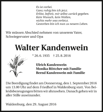 Traueranzeige von Walter Kandenwein 