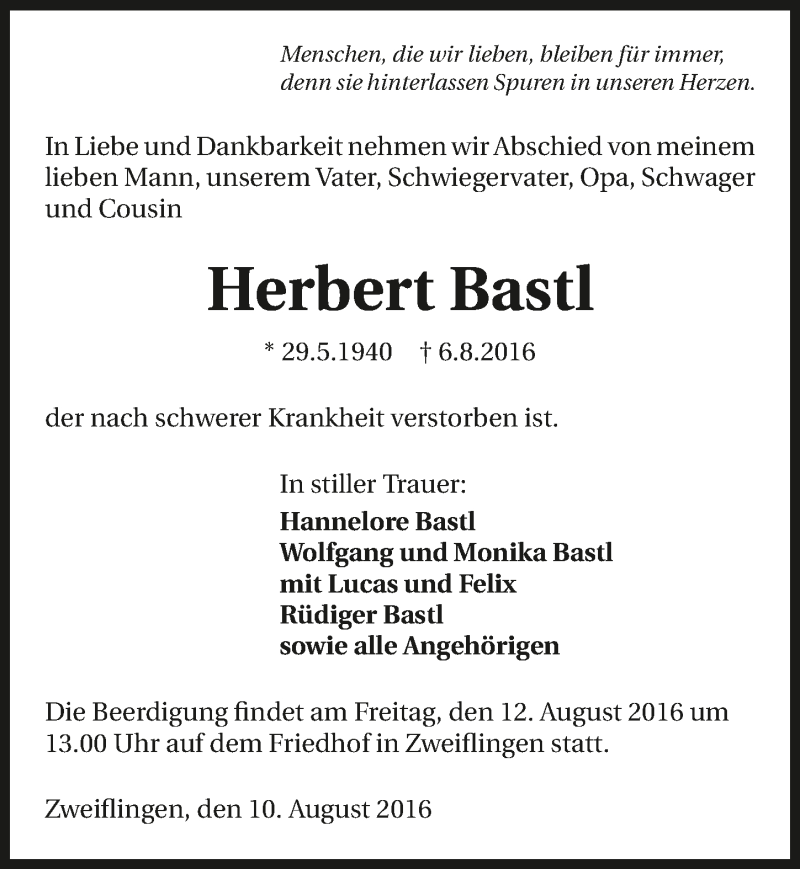  Traueranzeige für Herbert Bastl vom 10.08.2016 aus 