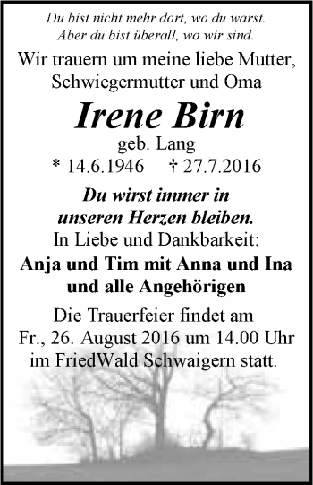 Traueranzeige von Irene Birn 