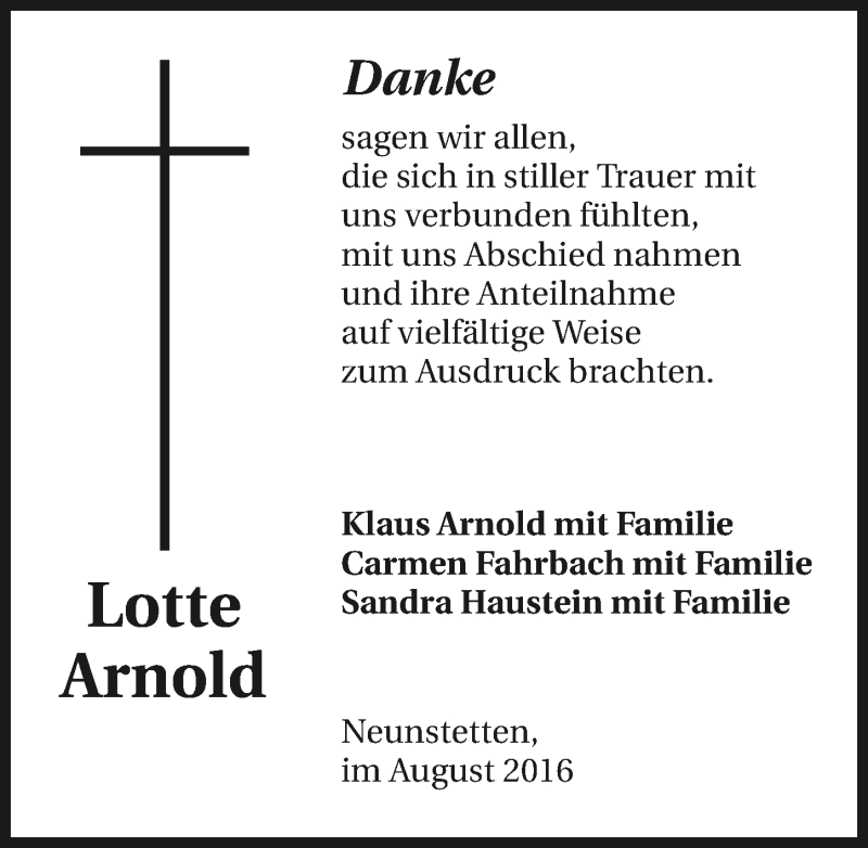  Traueranzeige für Lotte Arnold vom 26.08.2016 aus 