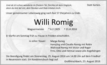 Traueranzeige von Willi Romig 