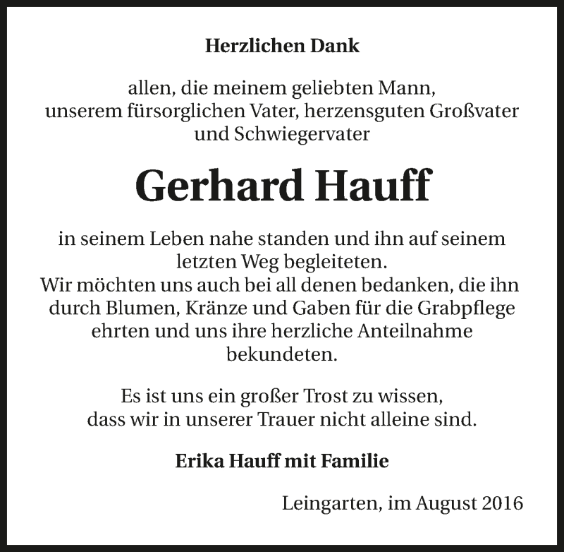  Traueranzeige für Gerhard Hauff vom 27.08.2016 aus 