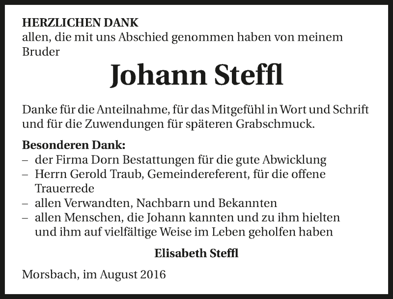  Traueranzeige für Johann Steffl vom 20.08.2016 aus 