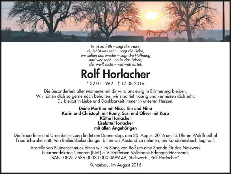  Traueranzeige für Rolf Horlacher vom 20.08.2016 aus 