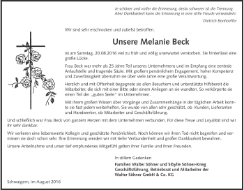 Traueranzeige von Melanie Beck 