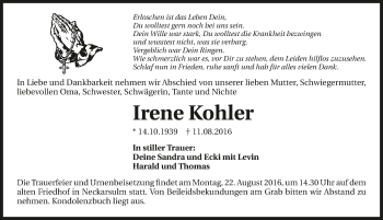 Traueranzeige von Irene Kohler 