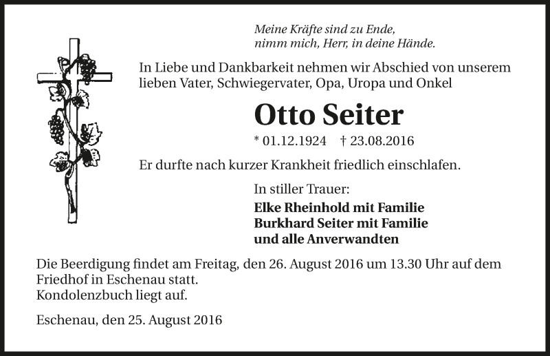  Traueranzeige für Otto Seiter vom 25.08.2016 aus 