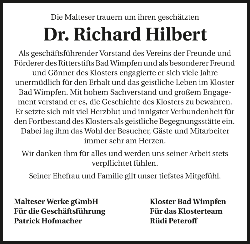  Traueranzeige für Richard Hilbert vom 11.08.2016 aus 